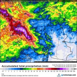 تجمع پیش بینی بارش تا ۱۰ فروردین ۱۴۰۳مدل ECMWF Ensemble Control ، امیدوار به حداقل 100 تا بیش از 200 میل بارش در مجموع 15 روز آینده برای مناطق مختلف استان ، برخی مناطق کشور مانند لرستان ممکن است تا 400 میل هم ببارد.